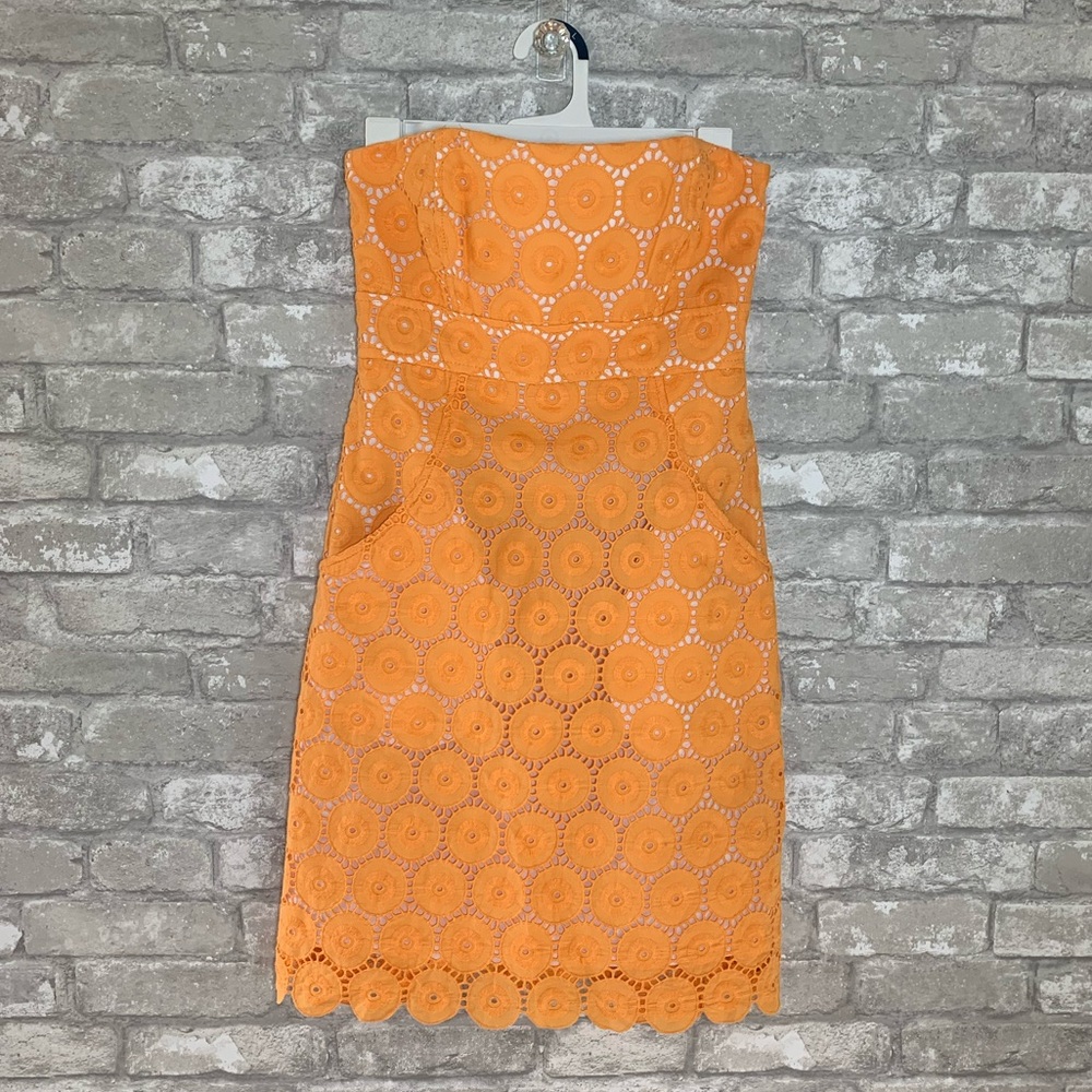 Shoshanna Orange Strapless Eyelet Dress